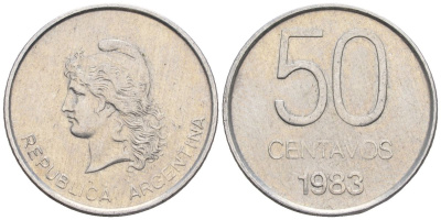 Аргентина 50 сентаво 1983 голова свободы влево KM 90, Schon 90, CJ 367 алюминий    60-1036