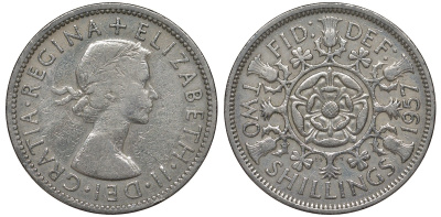 Великобритания 2 шиллинга (флорин) 1957 Елизавета II (1952-2022) KM 906, Spink 4146 медно-никель 4131-534