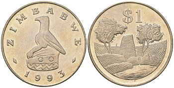 Зимбабве 1 доллар 1993 руины большого Зимбабве KM 6 медно-никель UNC 106-744