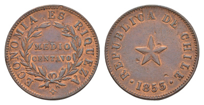 Чили 1/2 сентаво 1853 год-тип KM 126 медь 1519-624