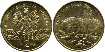 Польша 2 злотых 1999 MW, серия сохраним природу, волк KM 355 нордик UNC 1526-715