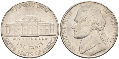 США 5 ЦЕНТОВ 1999 D ДЖЕФЕРСОН KM A192 медно-никель 4114-1123