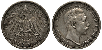 Пруссия 2 марки 1907 A, Вильгельм II (1888-1918) J.102, Weege 101, KM 522 серебро 3711-814