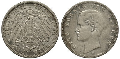 Бавария 2 марки 1898 D, Отто (1886-1913) Weege 44, J. 45, KM 511.1 серебро 413-5813