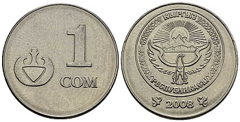 КИРГИЗИЯ 1 СОМ 2008 KM 14 сталь плакированная никелем 34-212