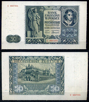 Польша 50 злотых 1941 Фермер, статуя женщины, Эмили Платер Pick 102 (1) бумага UNC (пресс) 6317-17-3-2