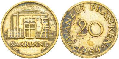 Саарланд 20 франков 1954 KM 2 алюминиевая бронза 51-3347