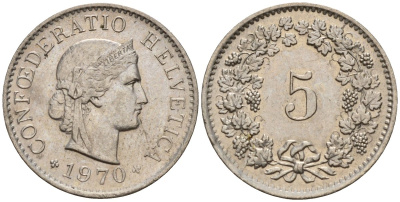 Швейцария 5 раппенов 1970 KM 26 медно-никель 4189-338