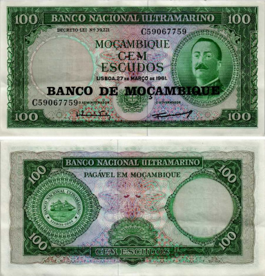 Мозамбик 100 эскудо 1961 (1976) надпечатка на 1961, Айрес де Орнелас  Pick 117 a бумага 6281-2-1-2