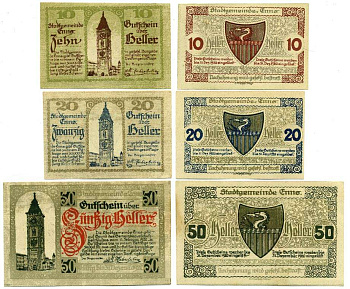 Австрия, Энс набор из 3 банкнот 10, 20, 50 геллеров 1920 31 декабря 1920, нотгельд, земля Верхняя Австрия   бумага  UNC (пресс) 7555-23-4-2