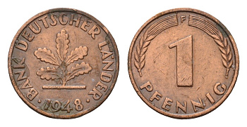 ФРГ 1 пфенниг 1948 F KM A101, J. 376 сталь плакированная медью 4630-624