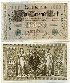 ГЕРМАНИЯ 1000 МАРОК 1910 ЗЕЛЕНАЯ ПЕЧАТЬ, 7 ЦИФР В НОМЕРЕ Pick 45b бумага 2192-33-1