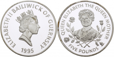 Гернси 5 фунтов 1995 Королева Елизавета, королева мать KM 66a серебро PROOF 1077-9-53