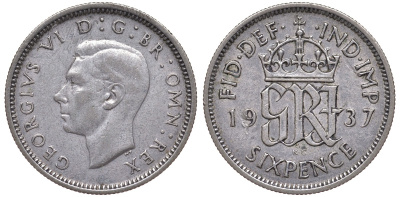 Великобритания 6 пенсов 1937 Георг VI (1936-1952) KM 852, Spink 4084 серебро 4124-735