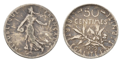 Франция 50 сантимов 1909 KM 854 серебро 54-643