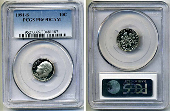 США 10 центов (дайм) 1991 S, президент Рузвельт, в слабе PCGS PR69CAM KM 195а медь плакированная медно-никелем PROOF 15-002-11