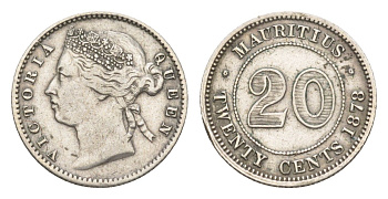 Маврикий 20 центов 1878 Виктория (1837-1901), редкий год, тираж 50.000 экземпляров KM 11 серебро 413-414
