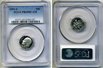 США 10 центов (дайм) 1991 S, президент Рузвельт, в слабе PCGS PR69CAM KM 195а медь плакированная медно-никелем PROOF 15-002-11