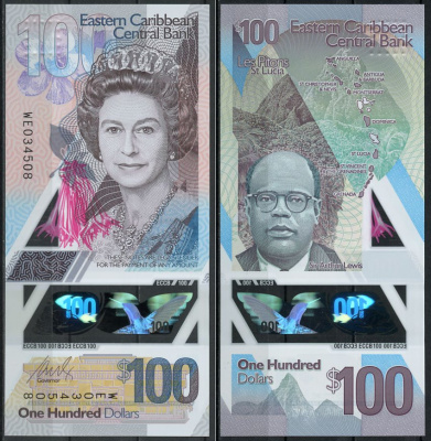 Восточно-Карибские штаты 100 долларов ND (2019) Елизавета II, Артур Льюис Pick NEW  пластик  UNC (пресс) 000-000-00