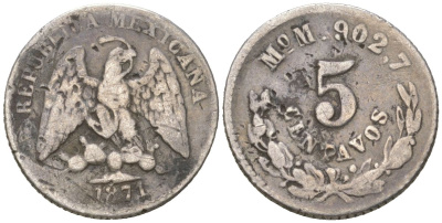 Мексика 5 сентаво 1871 KM 398 серебро 4136-131