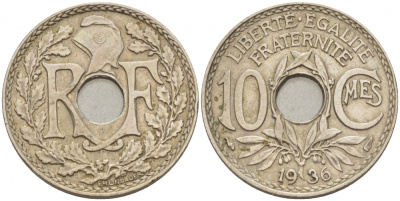 ФРАНЦИЯ 10 САНТИМОВ 1936 ТИП ЛИНДАЙЁ KM 886а медно-никель 33-855