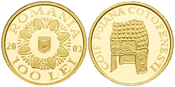 Румыния 100 леев 2003 золотой шлем Пояны Коцофенешти KM 198 золото PROOF 00-819-70