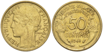 ФРАНЦИЯ 50 САНТИМОВ 1941 ТИП MORLON KM 894.1, LE FRANC 192.18 алюминиевая бронза 44-437