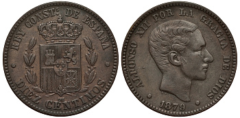 Испания 10 сентимо 1879 OM, Альфонсо XII (1874-1885) KM 675 бронза 1528-731