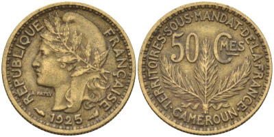 Французский Камерун 50 сантимов 1925 (а), монетный двор Париж KM 1 алюминиевая бронза 4164-1236