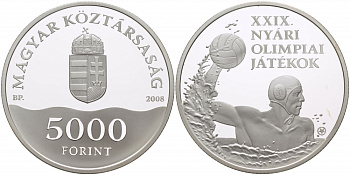 Венгрия 5000 форинтов 2008 Олимпийские игры, водное поло, тираж 14000 экземпляров KM 808 серебро PROOF 1074-6-22