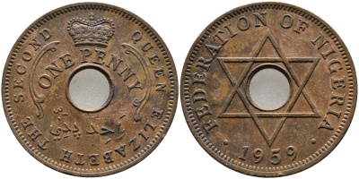 Нигерия 1 пенни 1959 Елизавета II (1952-), Британский протекторат KM 2 бронза 51-2144