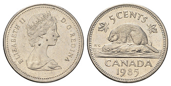 Канада 5 центов 1985 Елизавета II (1952-2022), бобр KM 60.2a медно-никель 4689-428