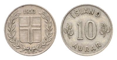 Исландия 10 эйре 1953 KM 10 медно-никель aUNC 4690-655