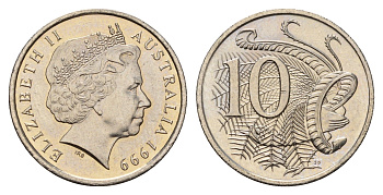 Австралия 10 центов 1999 Елизавета II (1952-2022), птица лирахвост KM 402 медно-никель UNC 181-355