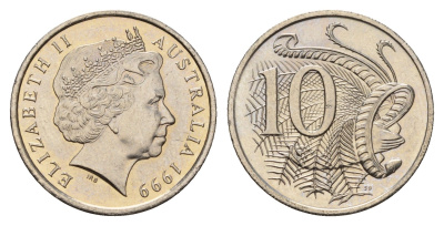 Австралия 10 центов 1999 Елизавета II (1952-2022), птица лирахвост KM 402 медно-никель UNC 181-355