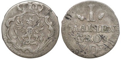 Бранденбург-Пруссия 1 мариенгрошен 1753 D, Фридрих II Великий (1740-1786) KM 215, Olding 256 b серебро 1531-1042