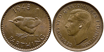 Великобритания 1 фартинг 1948 Георг VI (1936-1952) KM 843, Spink 4116 бронза UNC 08-553