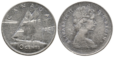 КАНАДА 10 ЦЕНТОВ 1968 ЕЛИЗАВЕТА II, ПАРУСНИК KM 73 никель 73-1723