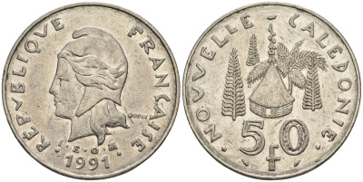 Французская Новая Каледония 50 франков 1991 хижина среди сосен и пальм, (IEOM) KM 13, Schoen 15, Lec 121 никель 4123-126