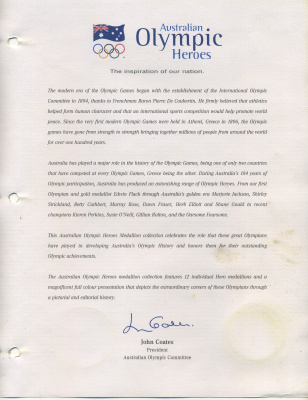 Австралия набор медалей олимпийские герои Австралии 1987 Бетти Катберт, Херб Эллиот, Эдвин Флэк, команда гребли 1992 и 1996, Дон Фрейзер, Шейн Гоулд, Марджори Джексон, Сьюзан О'Нил, Кирен Перкинс, Джиллиан Ролтон, Мюррей Роуз 14-01-01-09
