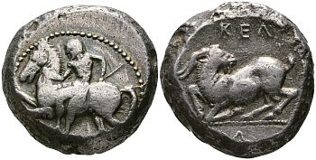 ДРЕВНЯЯ ГРЕЦИЯ, КИЛИКИЯ, КЕЛЕНДЕРИС СТАТЕР 425 - 400 гг. до н.э. ВСАДНИК / КОЗЕЛ, GOOD VERY FINE, 10,48 гр Aulock 5626 серебро 1073-10-97