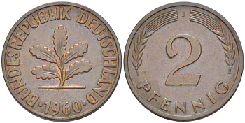 ФРГ 2 ПФЕННИГА 1960 J KM 106, J. 381 бронза 4181-723