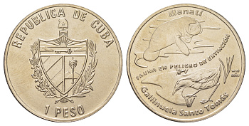 Куба 1 песо 2009 серия исчезающие виды животного мира, ламантин и кубинский погоныш KM 910 медно-никель  UNC  M66-02