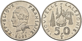 Французская Новая Каледония 50 франков 2005 хижина среди сосен и пальм, (IEOM) KM 13, Schoen 15, Lec 121 никель 4144-644
