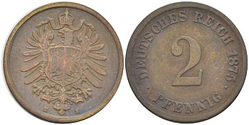 ГЕРМАНИЯ 2 ПФЕННИГА 1875 E, СТАРОГЕРБОВКА KM 2, J. 2, Weege 3 медь 212-536