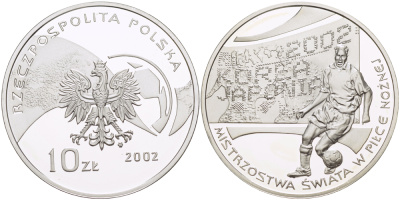 Польша 10 злотых 2002 MW, чемпионат мира по футболу в Корее и Японии 2002 года KM 434 серебро PROOF 1080-9-52