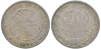 Колумбия 50 сентаво 1921 государственный лепрозорий KM L13 медно-никель 53-946