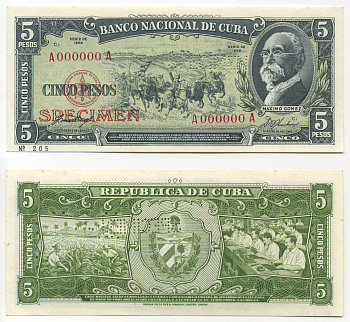 Куба 5 песо 1958 Specimen, перфорация, А000000А, красная надпечатка Pick 91s1 бумага UNC (пресс) 451-360-3