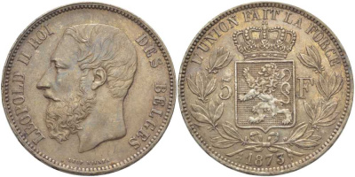 Бельгия 5 франков 1873 Леопольд II (1865-1909), позиция А KM 24 серебро 5010-931