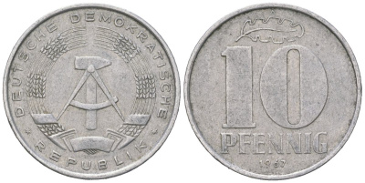 ГДР 10 пфеннигов 1967 A KM 10 алюминий 201-824